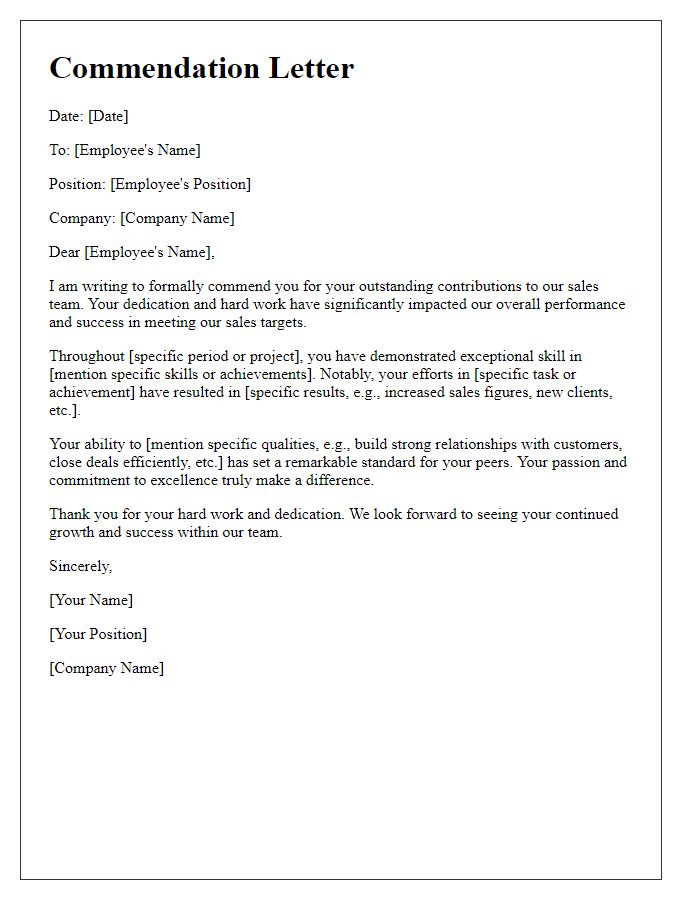 Letter template of commendation for a sales contributor