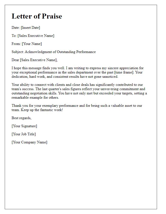 Letter template of praise for a sales executive