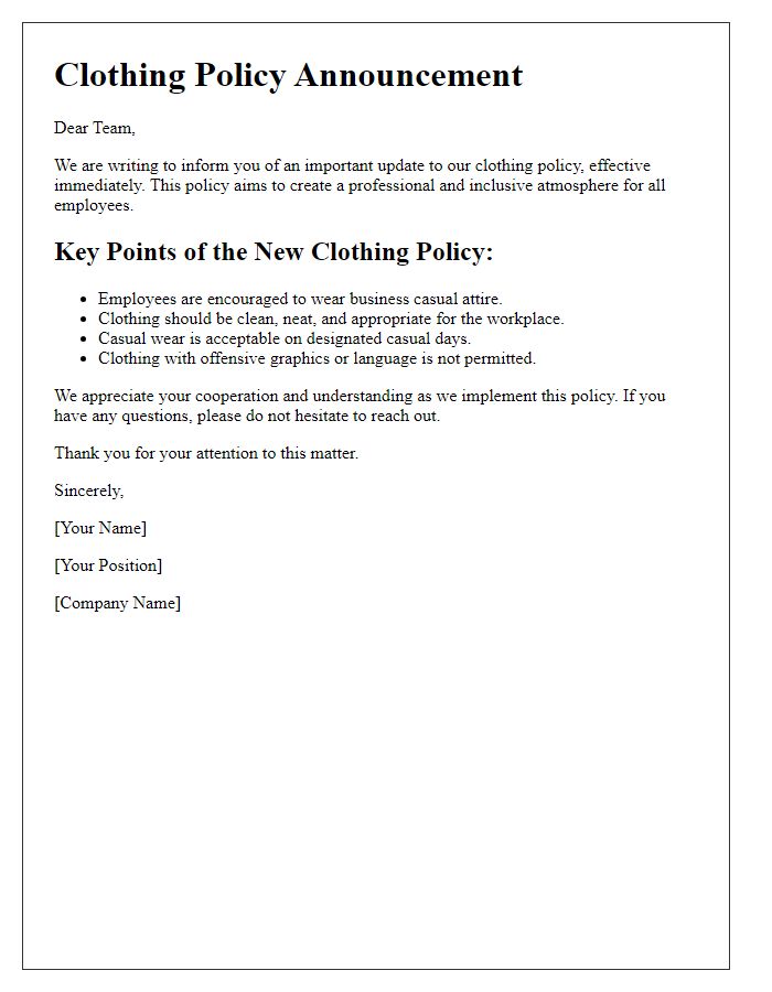 Letter template of clothing policy announcement