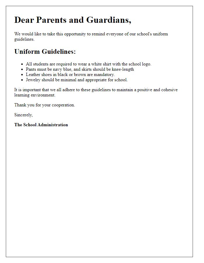 Letter template of school uniform guidelines reminder