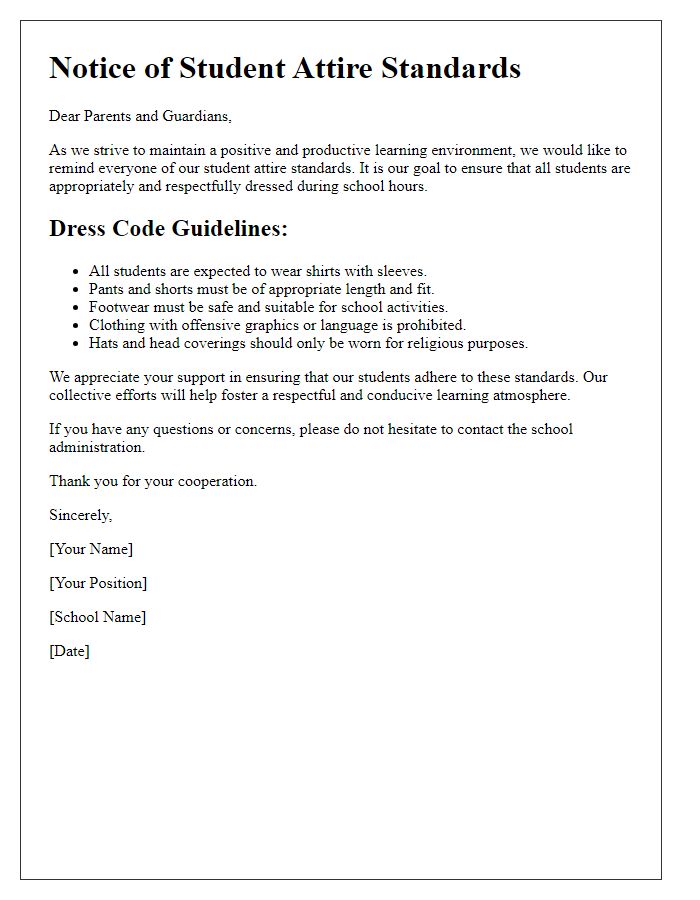 Letter template of student attire standards notice