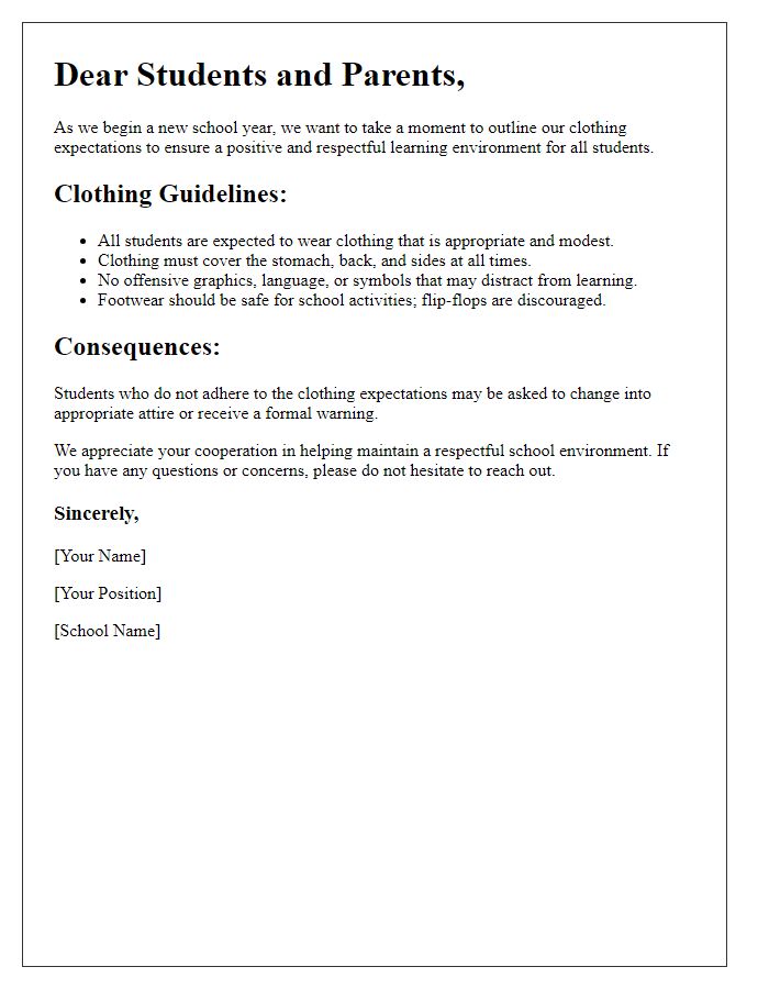 Letter template of student clothing expectations