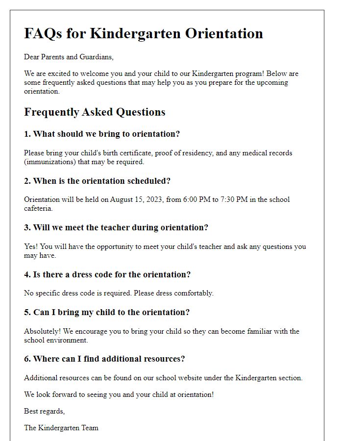 Letter template of FAQs for Kindergarten Orientation