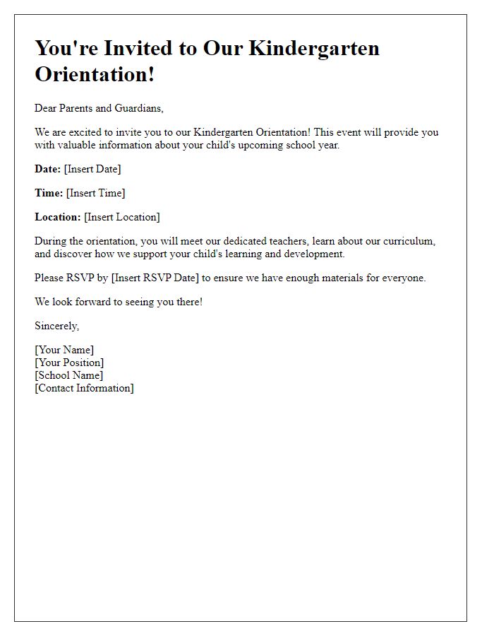 Letter template of Kindergarten Orientation Invitation