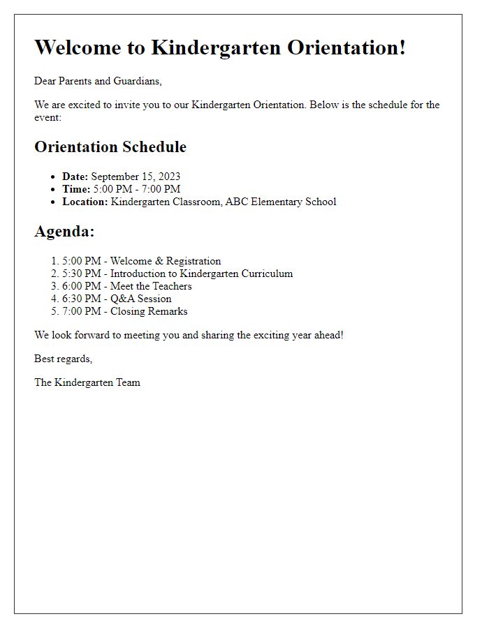 Letter template of Kindergarten Orientation Schedule