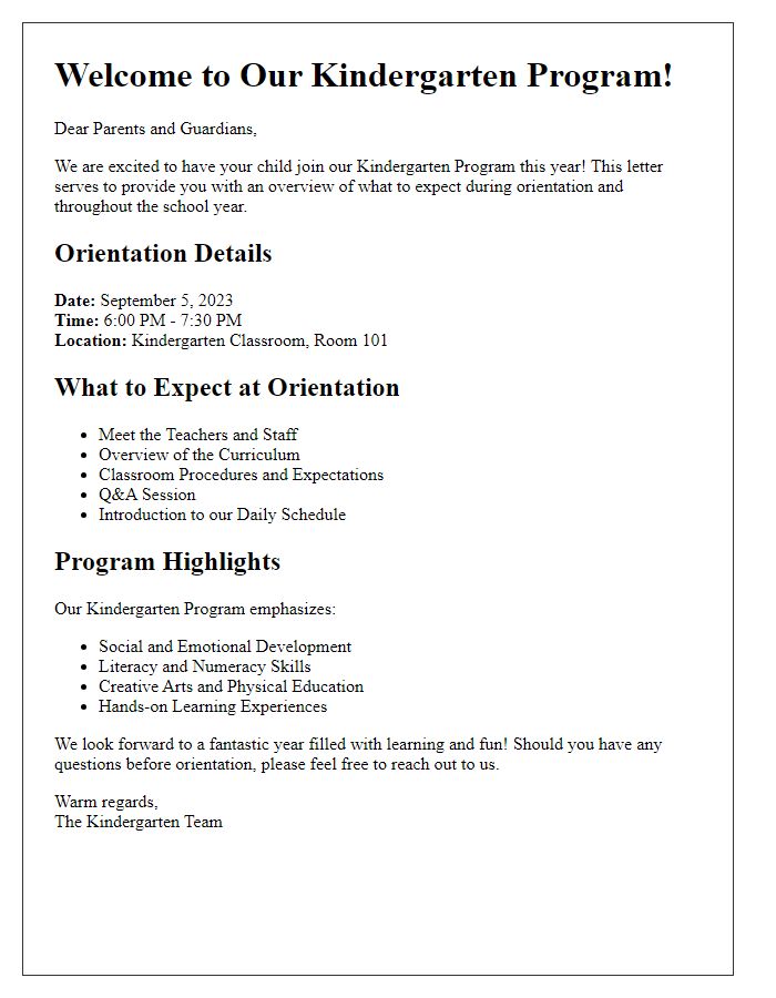 Letter template of Kindergarten Program Overview for Orientation