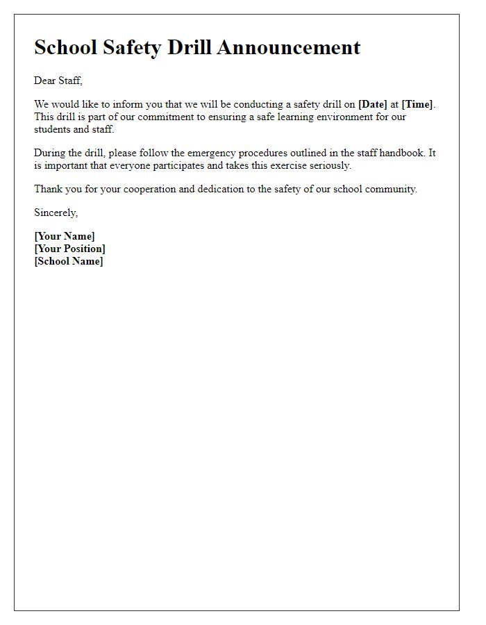 Letter template of school safety drill announcement for staff