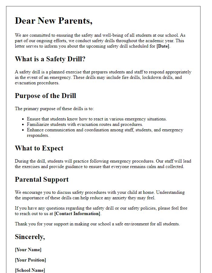 Letter template of school safety drill explanation for new parents