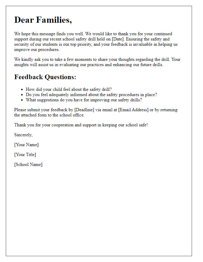 Letter template of school safety drill feedback request for families