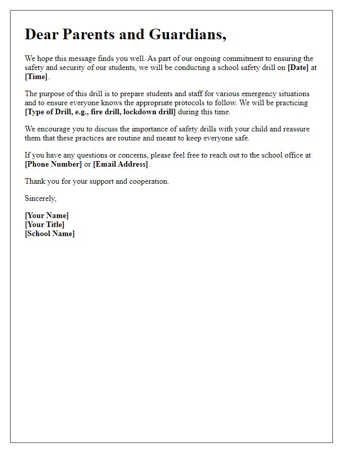 Letter template of school safety drill notification for parents