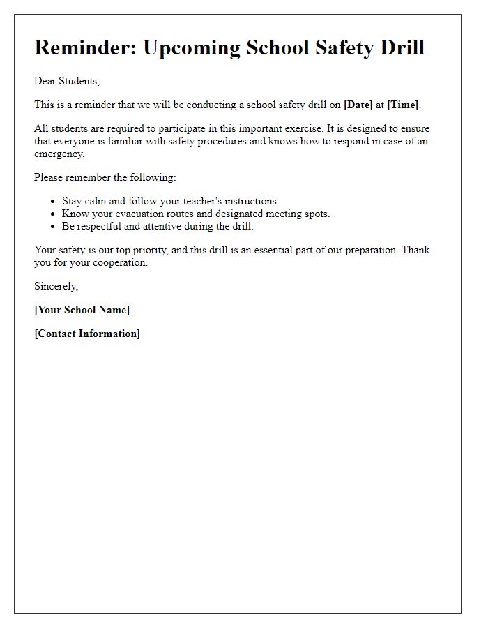 Letter template of school safety drill participation reminder for pupils