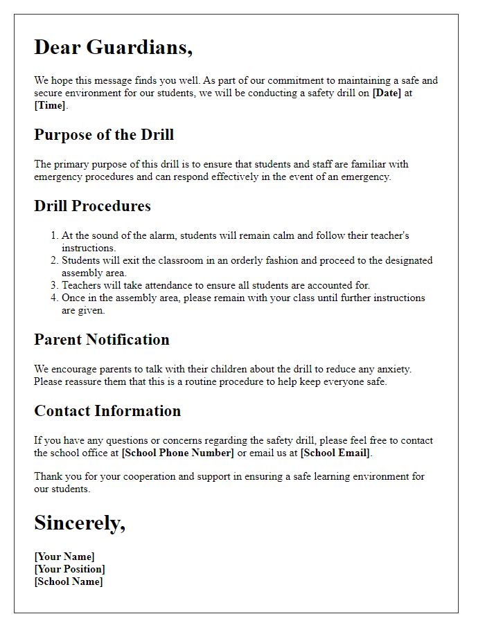 Letter template of school safety drill procedures for guardians