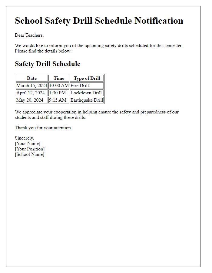 Letter template of school safety drill schedule for teachers