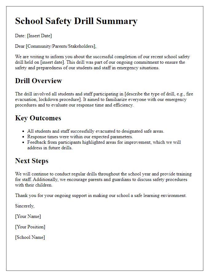 Letter template of school safety drill summary for the community