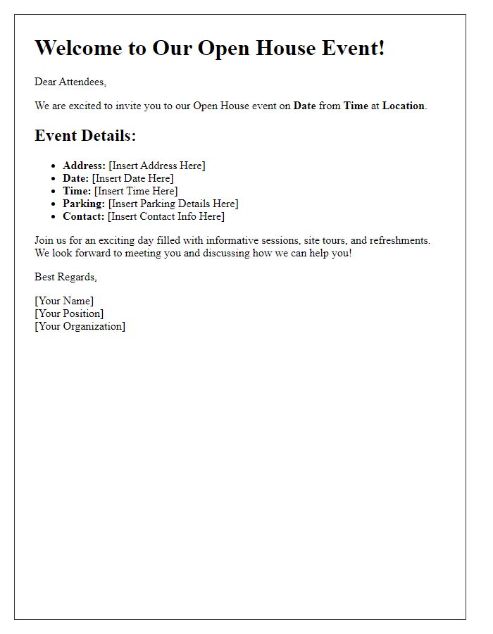 Letter template of details for open house event attendees