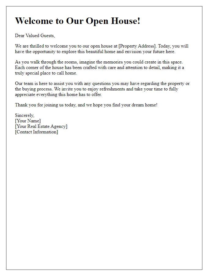 Letter template of engaging welcome for real estate open house