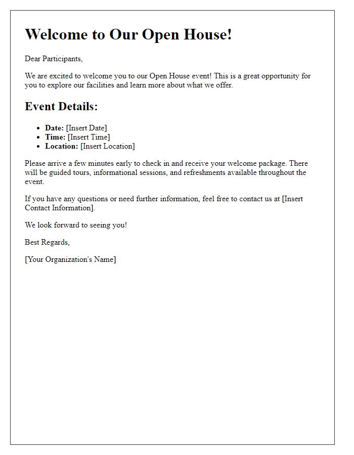 Letter template of information for open house participants