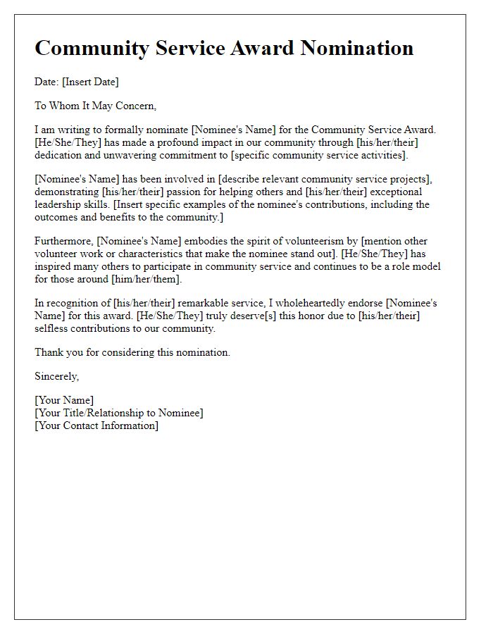 Letter template of community service award nomination