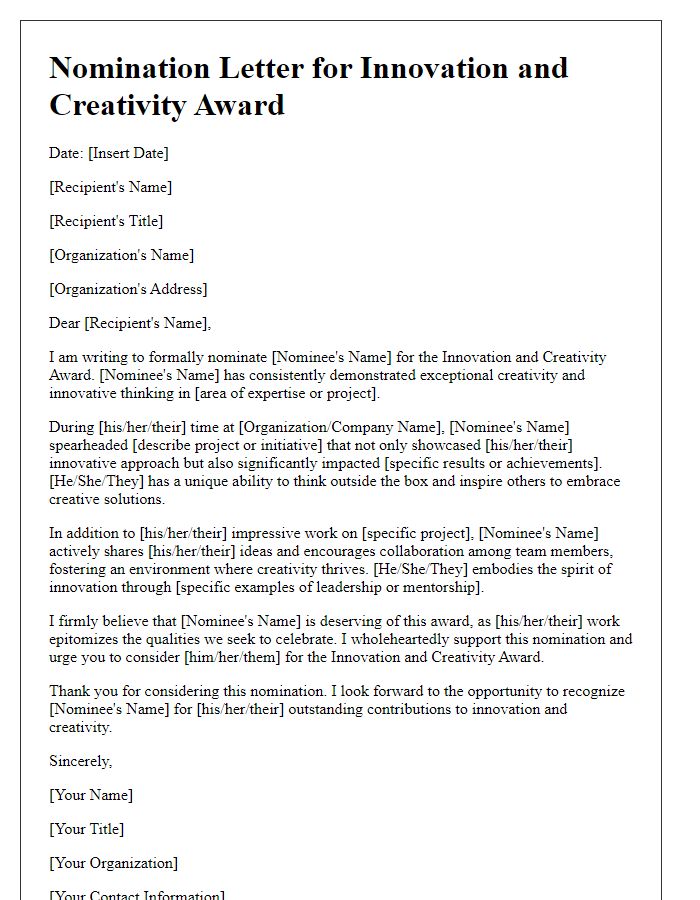 Letter template of innovation and creativity award nomination