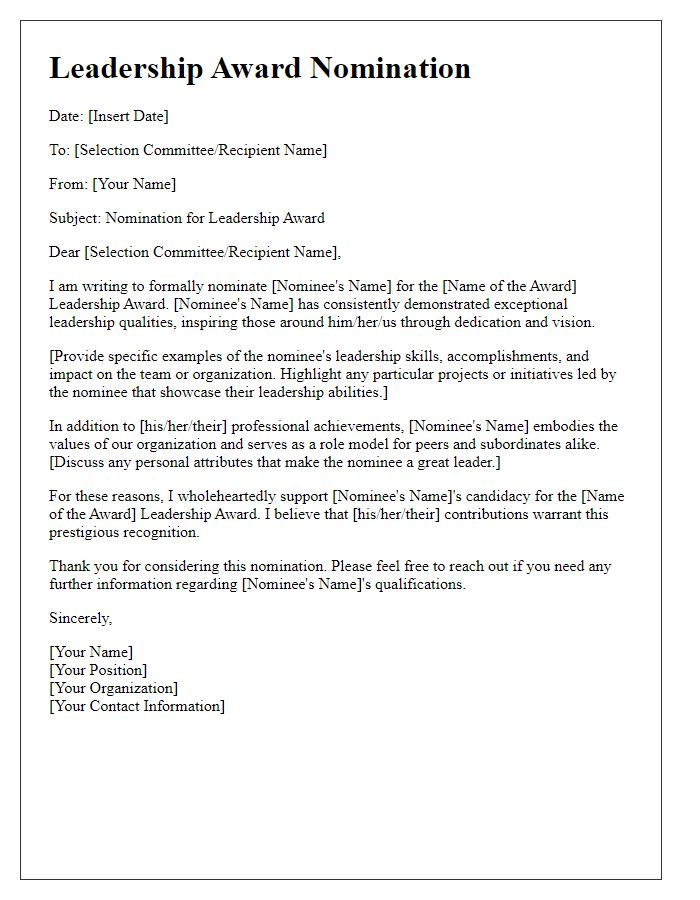 Letter template of leadership award nomination