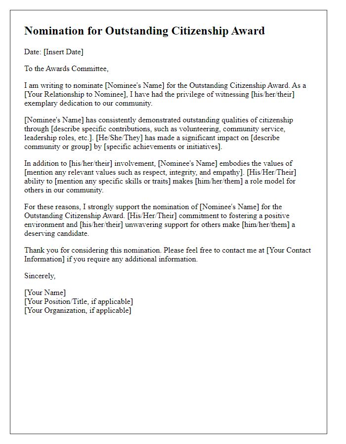 Letter template of outstanding citizenship award nomination