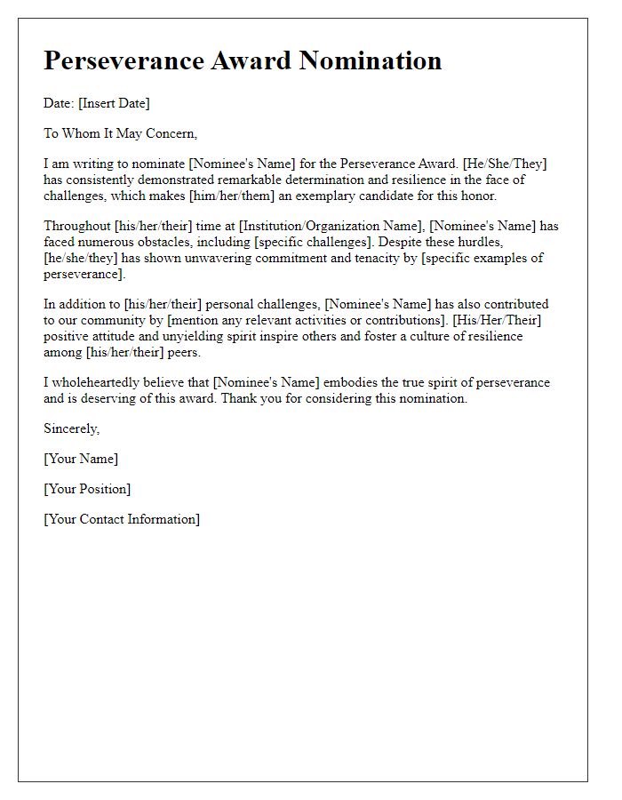 Letter template of perseverance award nomination