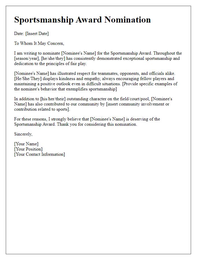 Letter template of sportsmanship award nomination