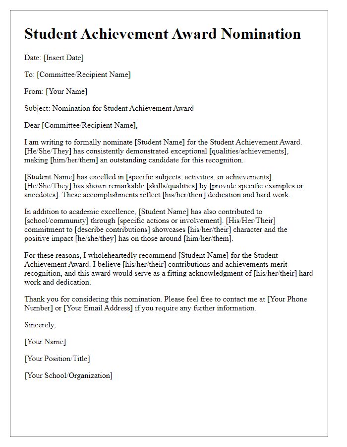 Letter template of student achievement award nomination