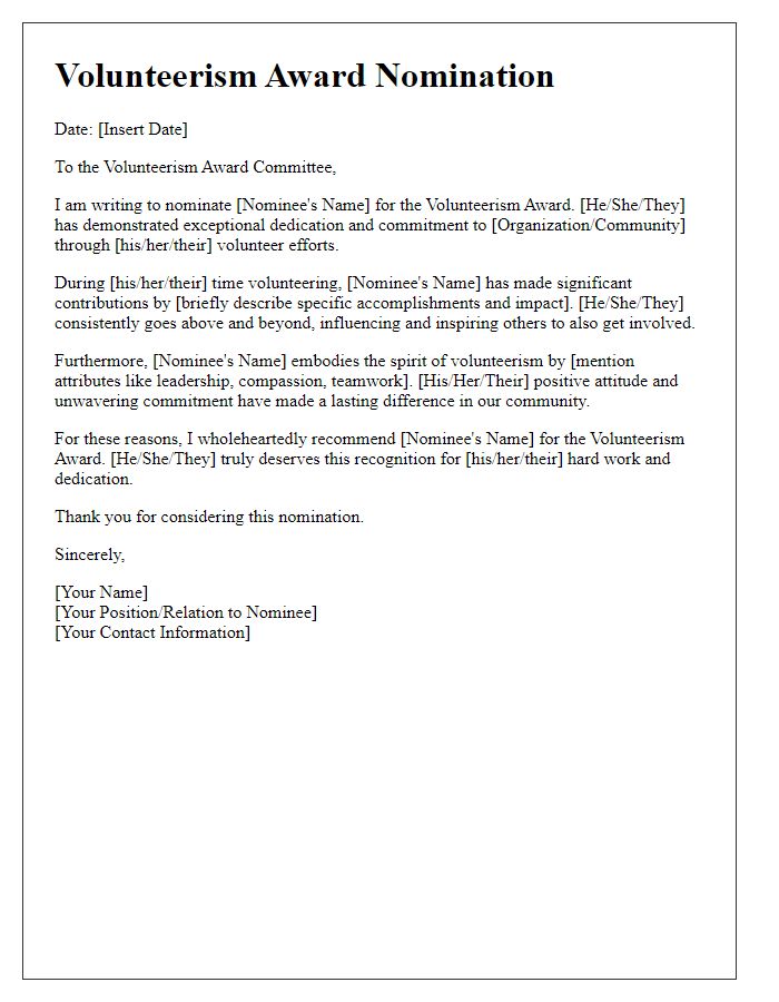 Letter template of volunteerism award nomination