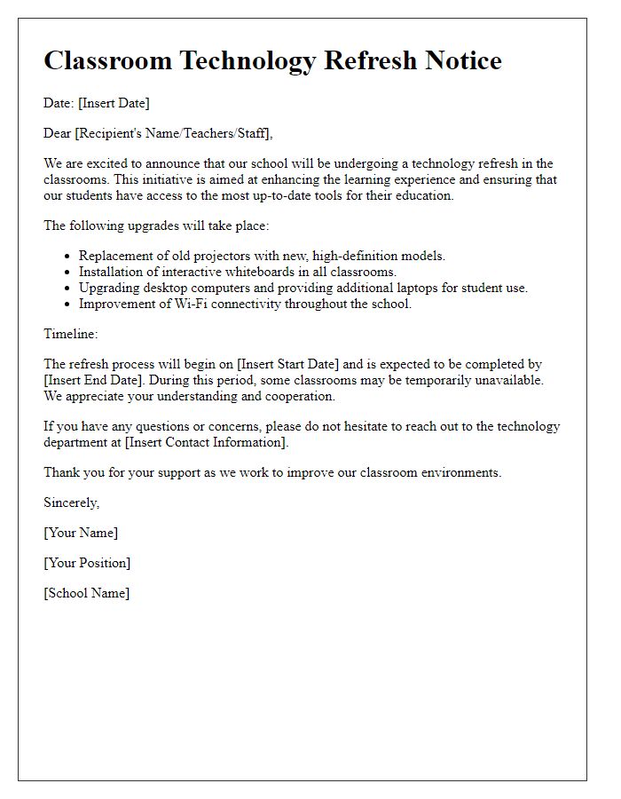 Letter template of classroom technology refresh notice