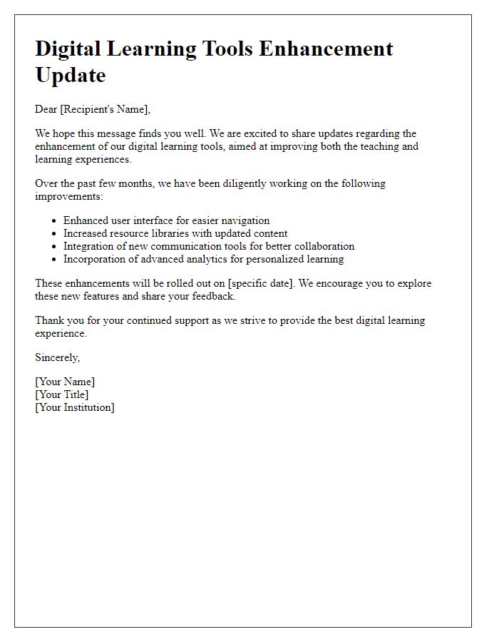 Letter template of digital learning tools enhancement update