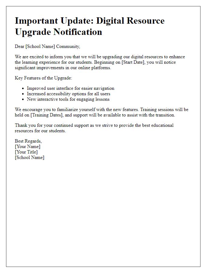 Letter template of digital resource upgrade notification for schools