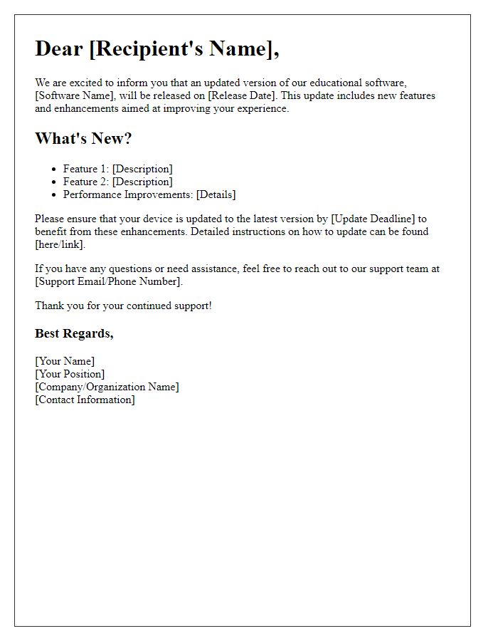 Letter template of educational software update communication