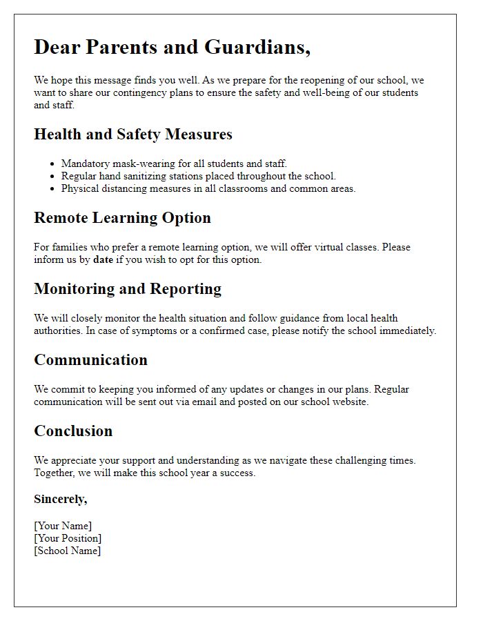 Letter template of School Reopening Contingency Plans