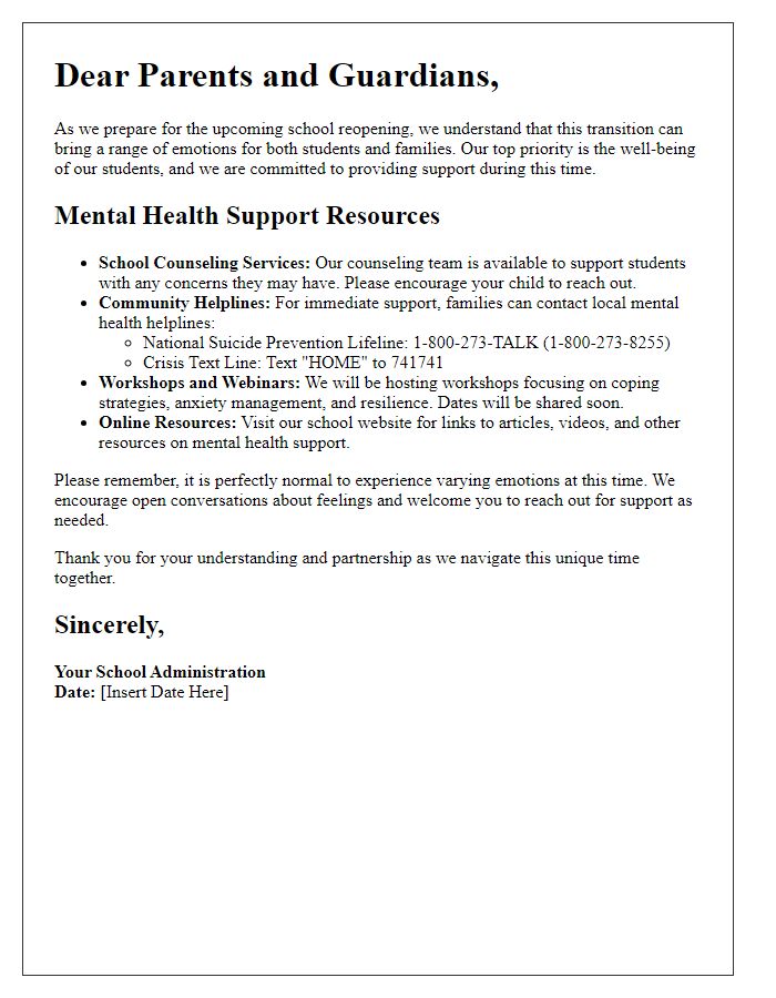 Letter template of School Reopening Mental Health Support Resources