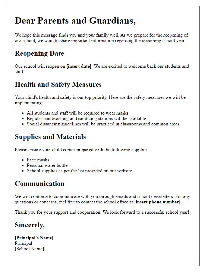 Letter template of School Reopening Parent Information