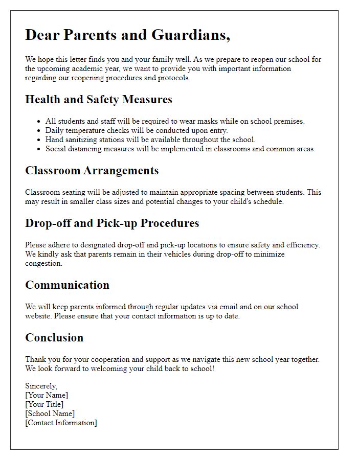 Letter template of School Reopening Procedures and Protocols