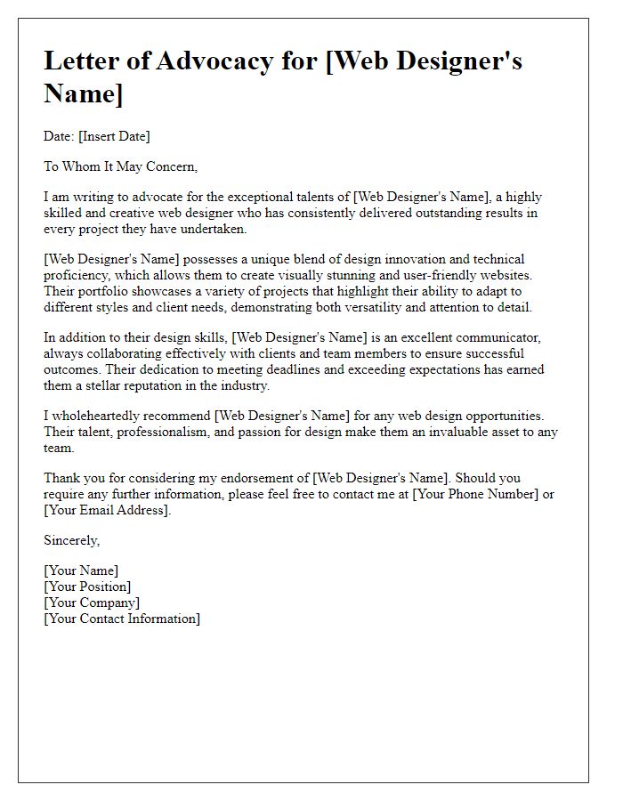 Letter template of advocacy for a talented web designer.