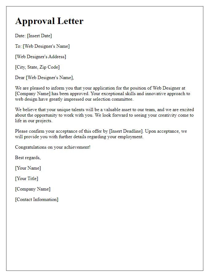 Letter template of approval for an exceptional web designer.