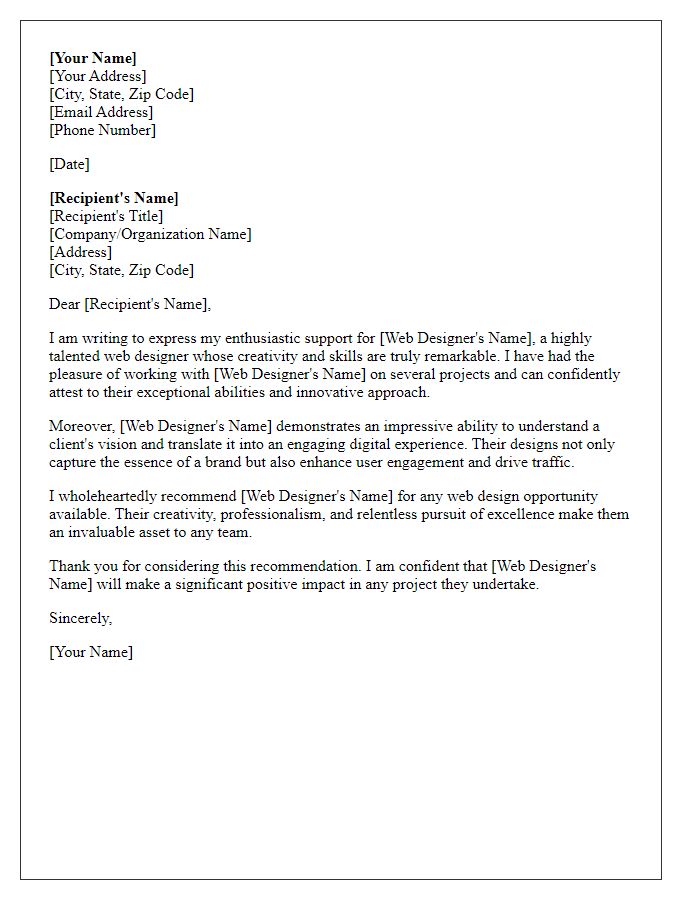 Letter template of support for a creative web designer.