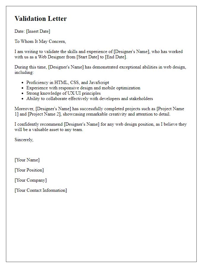 Letter template of validation for an experienced web designer.