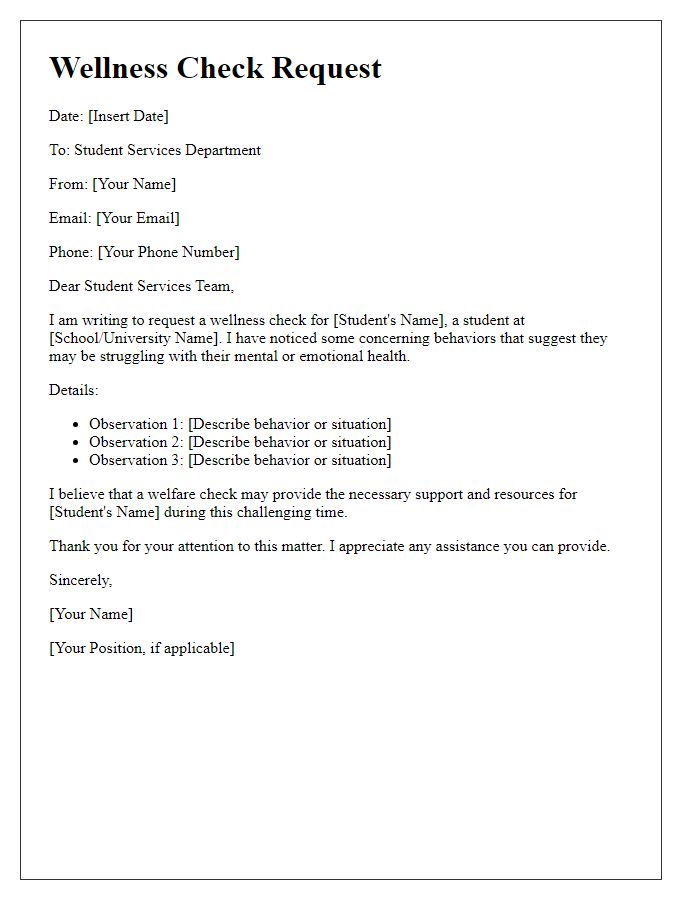 Letter template of wellness check request for student services.