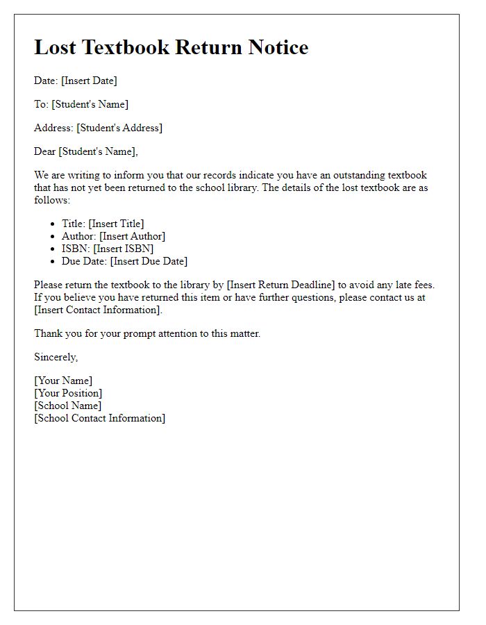 Letter template of lost textbook return notice.