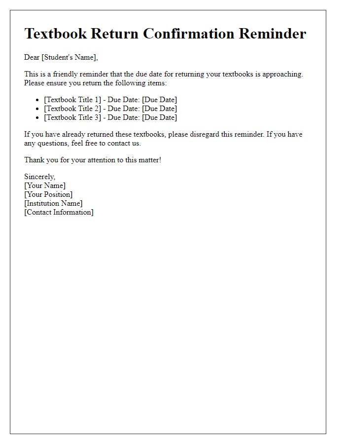 Letter template of textbook return confirmation reminder.