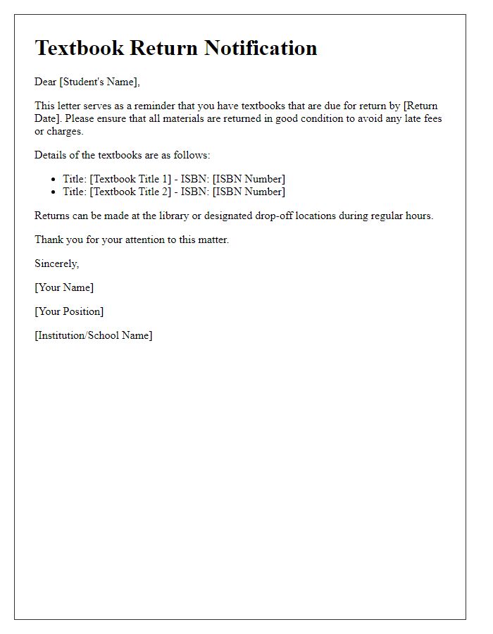 Letter template of textbook return notification.