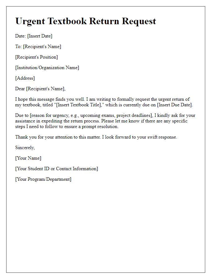 Letter template of urgent textbook return request.