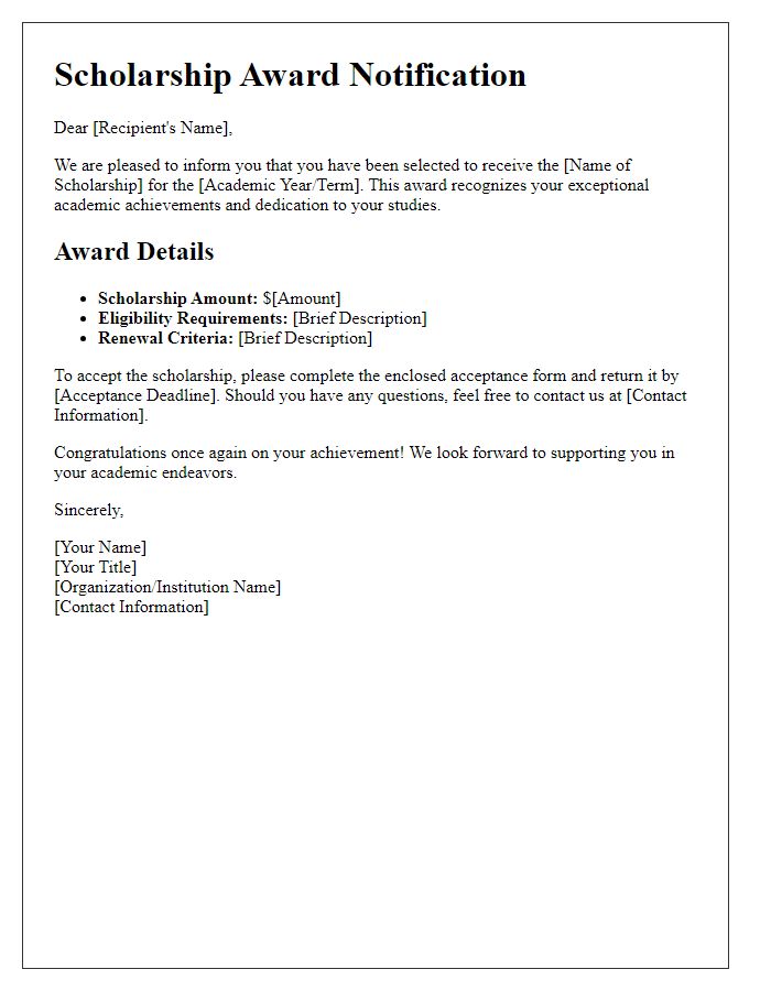 Letter template of scholarship award details correspondence