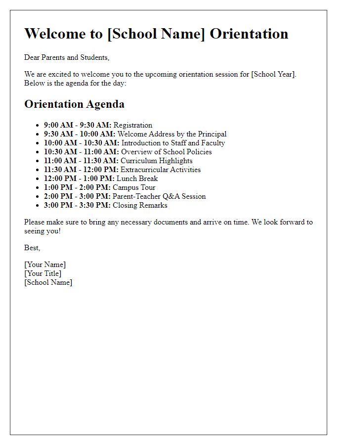 Letter template of school orientation agenda