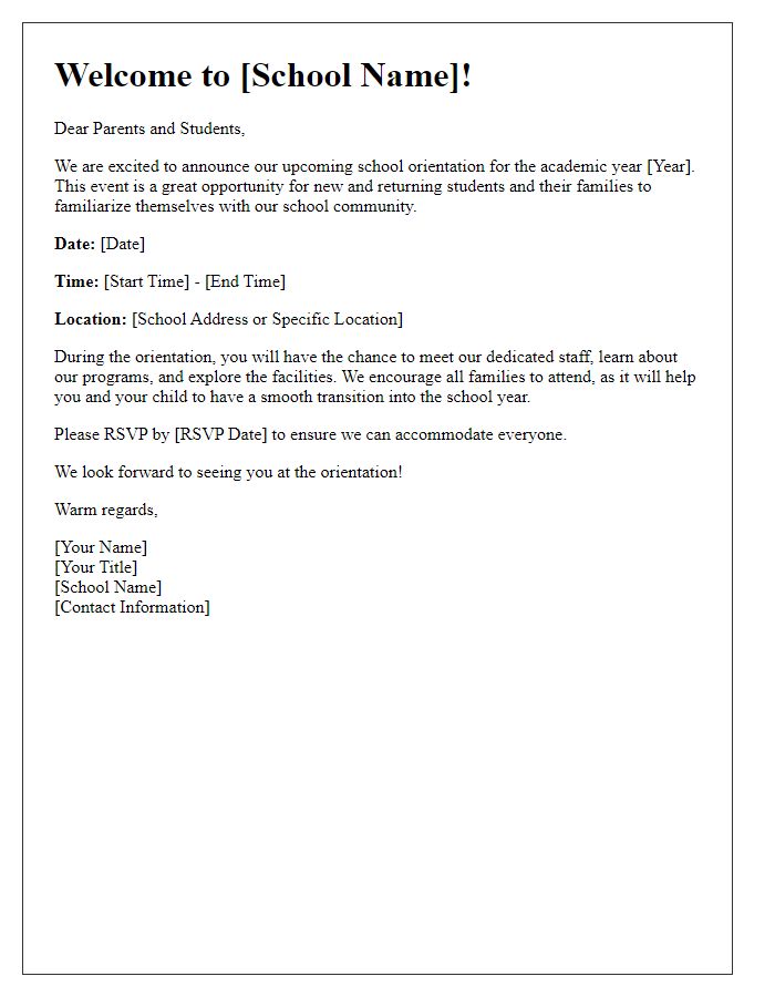 Letter template of school orientation announcement