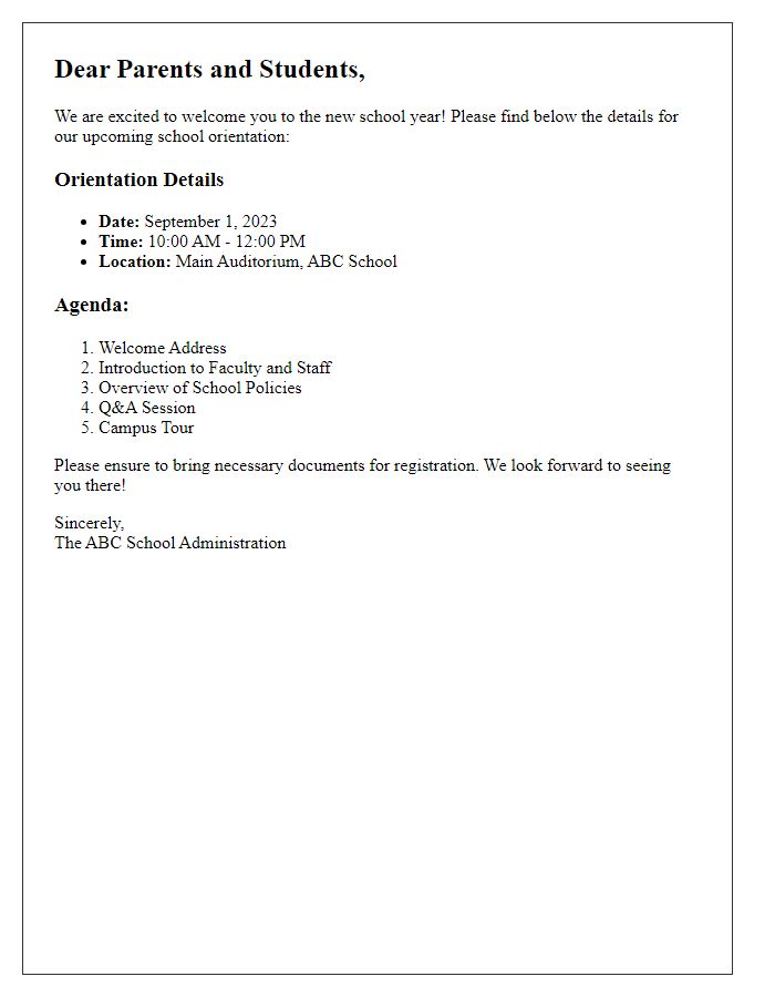 Letter template of school orientation details